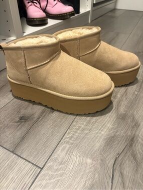 UGG Ultra Mini Platform Shearling Suede Ankle Boots - Sand